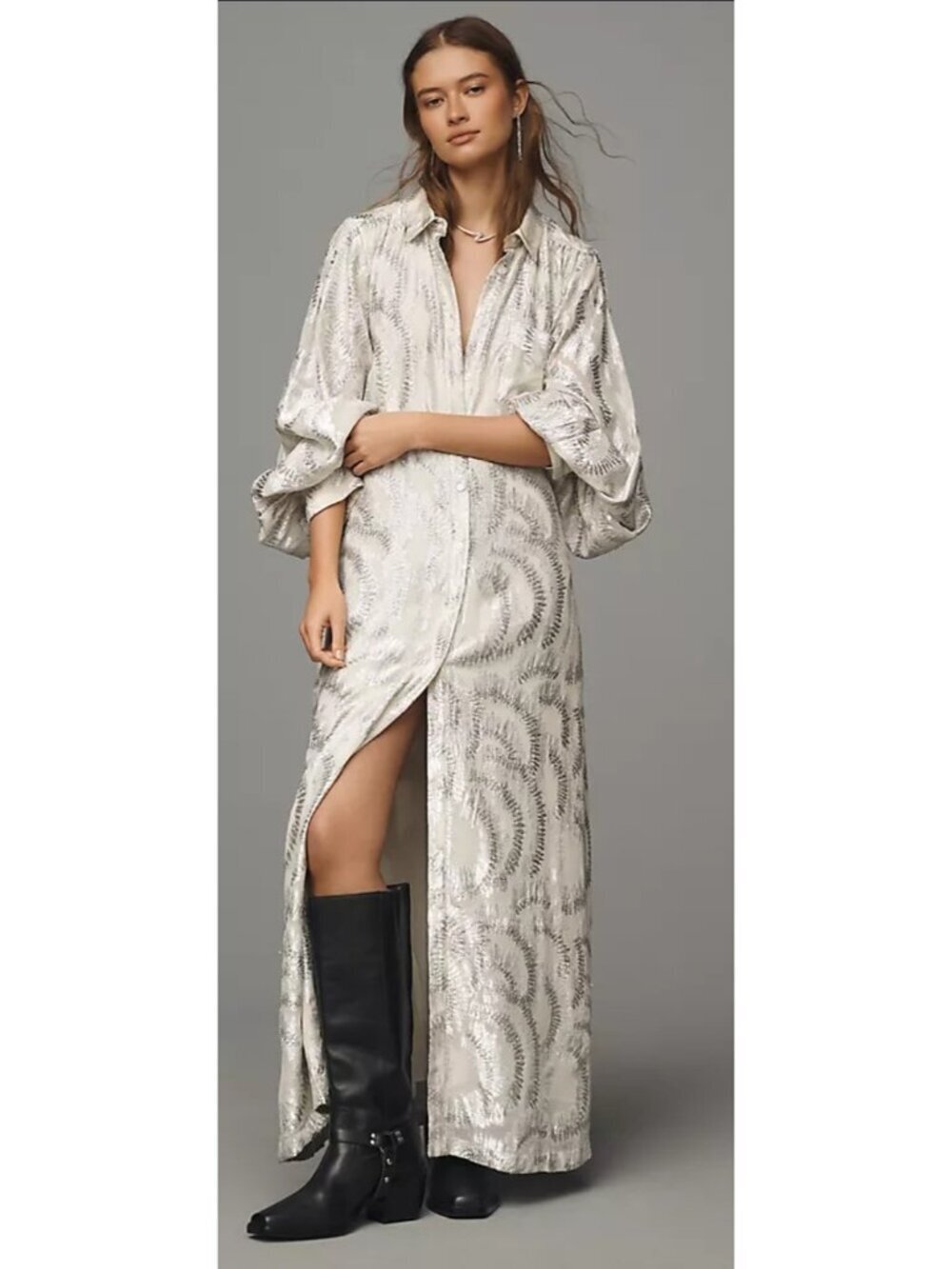Anthropologie Lurex Maxi Shirt Dress Womens S Metallic Silver Button Front